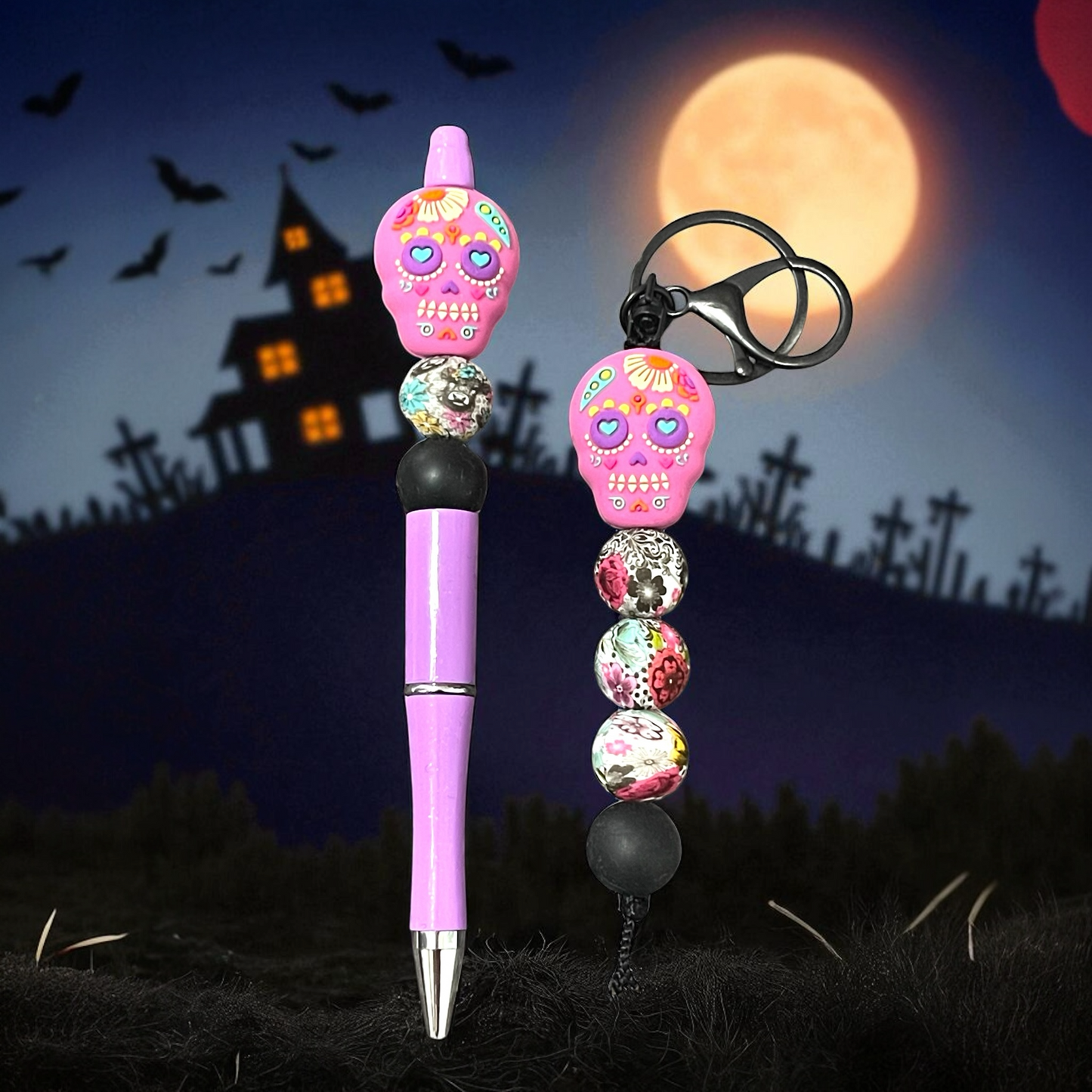Pink Sugar Skull Beaded Pen and Keyring Set